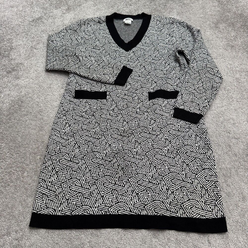 DKNY Geometric Knit V-Neck Sweater Dress Womens Large Black White Long Sleeve